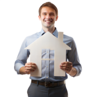 Smiling man holding house symbol, isolated on transparent background png