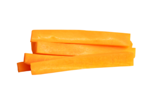 Side view of fresh orange carrot slices or pieces in stick shape in stack isolated with clipping path in file format png