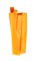 Top view of fresh orange carrot slices or pieces in stick shape in stack isolated with clipping path in file format png