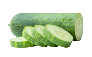 Side view of fresh green cucumber half with slices or pieces in stack isolated with clipping path in file format png