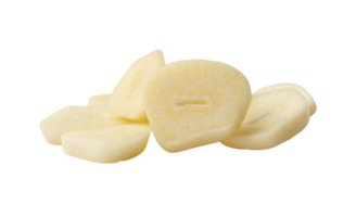 Front view of peeled white garlic cloves in slices or pieces in stack isolated with clipping path in file format png
