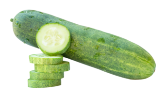 Fresh long green cucumber with slices or pieces in stack isolated in file format png
