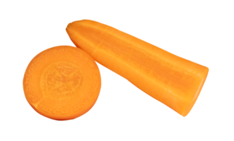 Top view of fresh orange carrot slices or pieces in circle and stick shape isolated in file format png