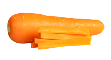 Side view of fresh orange carrot with slices or pieces in stick shape in stack isolated with clipping path in file format png