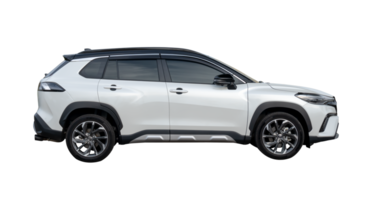 Side view of white hatchback car isolated with clipping path in file format png