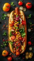 Close-up of a gourmet hot dog topped with fresh vegetables and condiments, arranged on a dark surface with scattered ingredients photo