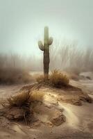 Single saguaro cactus in a foggy desert, surrounded by dry bushes and distant barren trees, portrays isolation and natural resilience photo