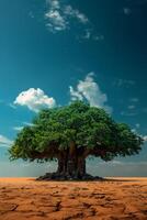 Large green tree with dense foliage growing on parched desert soil, under a blue sky with clouds, evoking resilience and survival photo