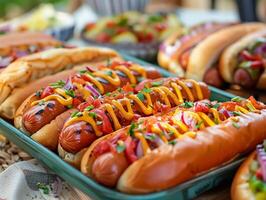 Variety of grilled hot dogs with toppings like mustard and onions, served on a tray outdoors, ideal for a summer picnic or barbecue photo