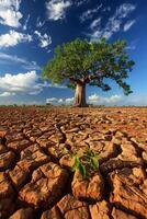 solitario verde árbol soportes alto en un agrietado Desierto paisaje debajo un brillante azul cielo, simbolizando esperanza y supervivencia en duro ambientes foto
