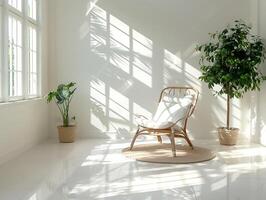 Bright, minimalist room with large windows, a wicker chair, and potted plants, casting soft shadows on the white floor photo