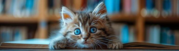Cute fluffy kitten with blue eyes lying on a book in a library, highlighting curiosity and cuteness photo