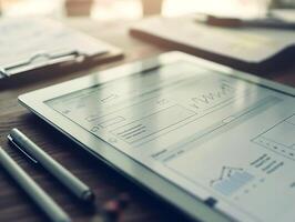 Tablet displaying wireframe website designs on a wooden desk with documents and pens, illustrating digital design and development photo