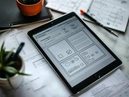 Tablet with wireframe designs on a desk cluttered with papers, a pencil, and a potted plant. Scene of digital web design process photo