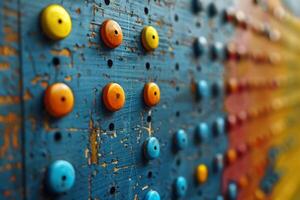 Colorful pegs on a weathered wooden board, create a vibrant contrast between the bright colors and the rustic, worn texture photo