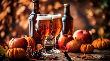 Autumn-themed still life with craft beer, apples, pumpkins, and pine cones on a rustic wooden table, showcasing seasonal ambiance photo