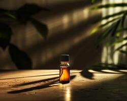 Small glass vial of amber liquid on a wooden table, illuminated by soft sunlight with long shadows, evoking calm and reflection photo