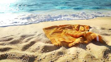 Yellow towel lying on a sandy beach near the water's edge, with waves gently lapping against the shore under the bright sunlight photo