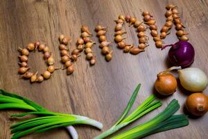 Fresh onions. Onions background. top view, place for the text photo