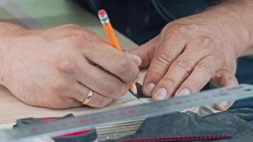Masculine hands of a typical married worker engaged in the task of revising a drawing in a factory. Close up. Slow motion video