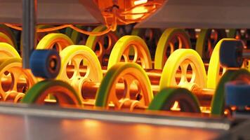 Close-up view of the massive wheels within a manufacturing machine on an assembly line within a factory workshop. video