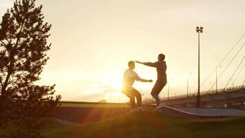 Guy and a gal are running towards each other in the park, arms wide open. They're finally together after a long time apart, and the sun is setting behind them, casting a warm glow over the scene. video
