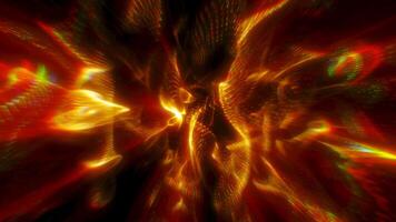 A vibrant explosion of swirling red and gold light patterns, creating video