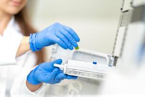 conducting chemical experiments in modern devices in a research laboratory. inserting the container with the solution into the measuring device photo