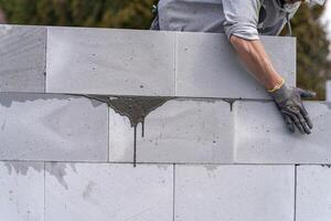 construction of a wall of a house made of aerated concrete blocks photo