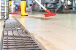 clean the floors with water and squeegee in the brewery photo