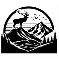 a circle an with elk staying on the top of the mountain silhouette vector