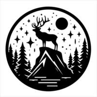a circle an with elk staying on the top of the mountain silhouette vector