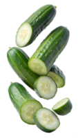 Sliced cucumbers floating in mid-air, transparent png