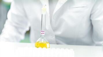 test tubes with chemical solution in the development research laboratory. copy space photo