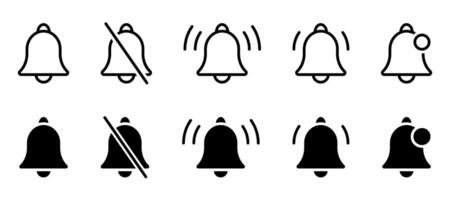 Notification icon set. New message sign. Ringing bell symbol. Alarm alert pictogram. Mute reminder illustration. vector