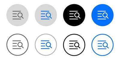 Text search icon. Document research symbol. Find sign. File analysis illustration. Lens pictogram. Grey, blue and black button. vector