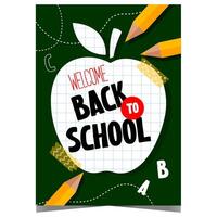Welcome back to school poster with pencils, letters and apple cut from notebook paper. Invitation banner or flyer for pupils, students and teachers to celebrate the start of a new school year. vector