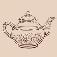 Teapot of tea with rose. Hand drawn illustration in outline style. vector