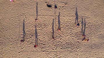 Aerial view. Tourists play beach volleyball at sunset. The shadows of the players create interesting figures in the sand. Beach sports video