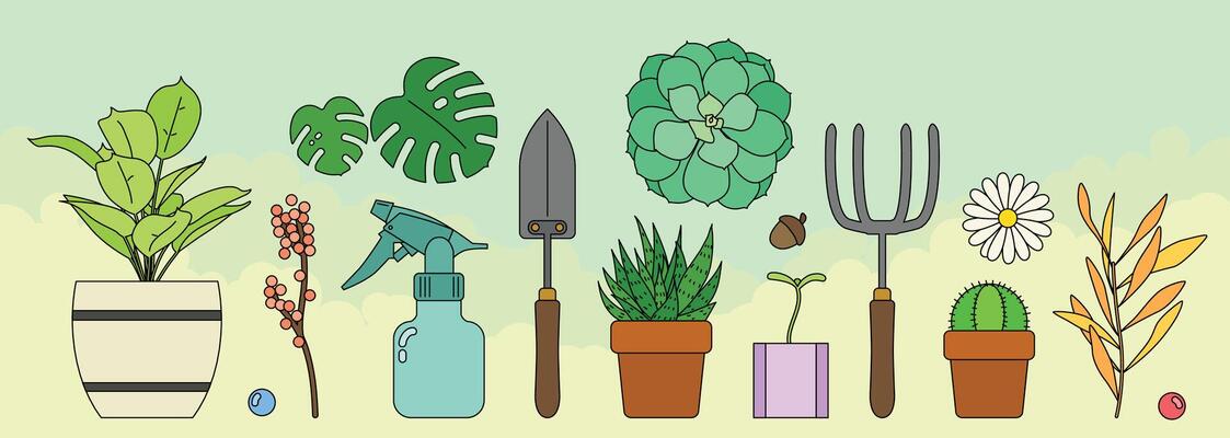 Gardening tools, plants, flowers and greenery