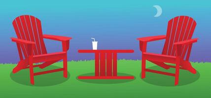 Red Adirondack chairs on lawn with spool table and drink cup vector