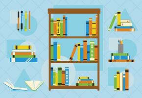 Set of books, bookshelf and pens in a flat design style vector