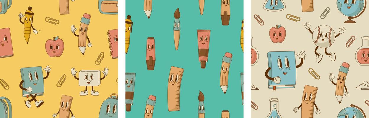 Set of school seamless pattern with retro cartoon characters. Pen, pencil, brush book, globe, ball mascot. Education, stationary shop background, wrapping paper.