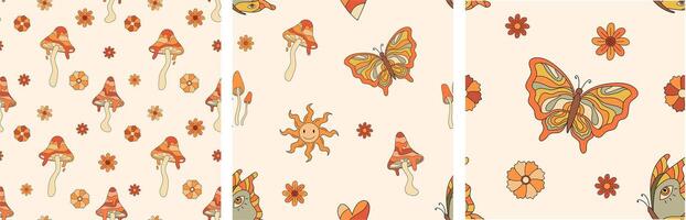 Set of retro seamless patterns with mushrooms, flowers and butterflies. Autumn vibe. Nostalgic 70s. vector