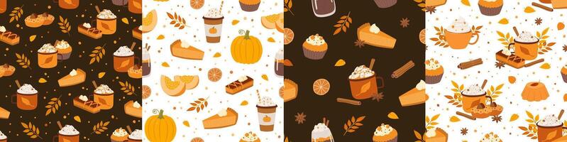 Set of autumn seamless pattern with hot beverage, cappuccino, pumpkin and cake. illustration. Perfect for cafeteria, bakery, wrapping paper vector