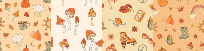 Set of whimsical autumn vibe seamless pattern in retro style with mushrooms, pumpkins, leaves, umbrellas, roller skates and peace signs. Warm orange, beige tones. Nostalgic 80s, 70s. vector
