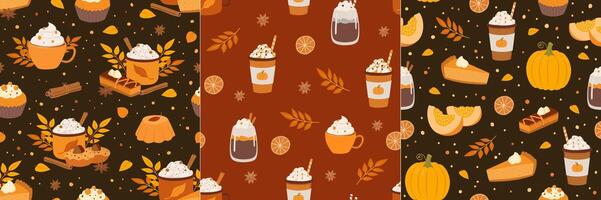 Set of autumn seamless pattern with coffe cup, latte, pumpkin spice and pie vector