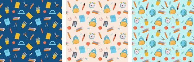 Set of seamless pattern with cartoon school items. Pen, pencil, book, globe, backpack, ruler illustration. Education, stationery store background, wrapping paper. vector