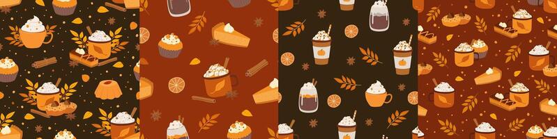 Set of autumn seamless pattern with hot drink, latte, pumpkin spice and dessert. illustration. Perfect for cafe, menu, packing, wrapping paper vector