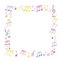 Multicolored music notes. Sound elements in various colors. Square frame with empty space for text. Audio symbols, signal, voice recording. Watercolor illustration for musical school design vector